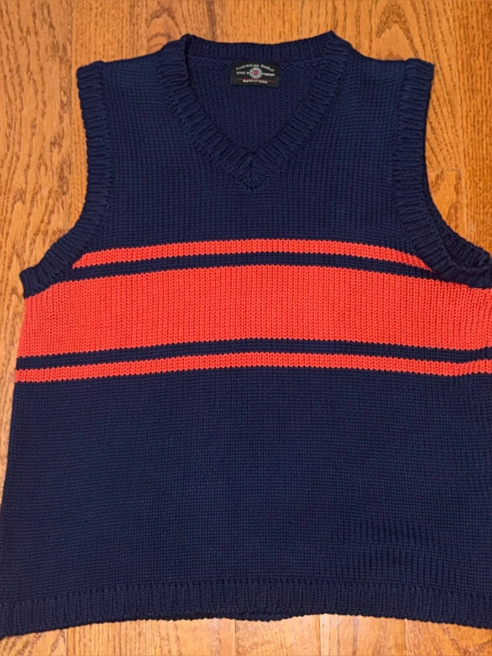 American Eagle Outfitters Navy and Orange Knit V-Neck Sweater Vest